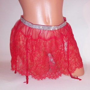 Victoria Secret Lingerie Garter Belt Skirted Shine Strap Red Lace Bling Rhinesto